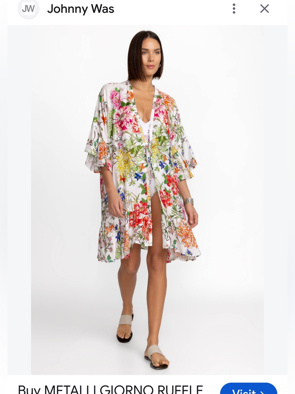 Johnny Was White Floral Open-Front Kimono with Multicolor Blooms.Silk.$230